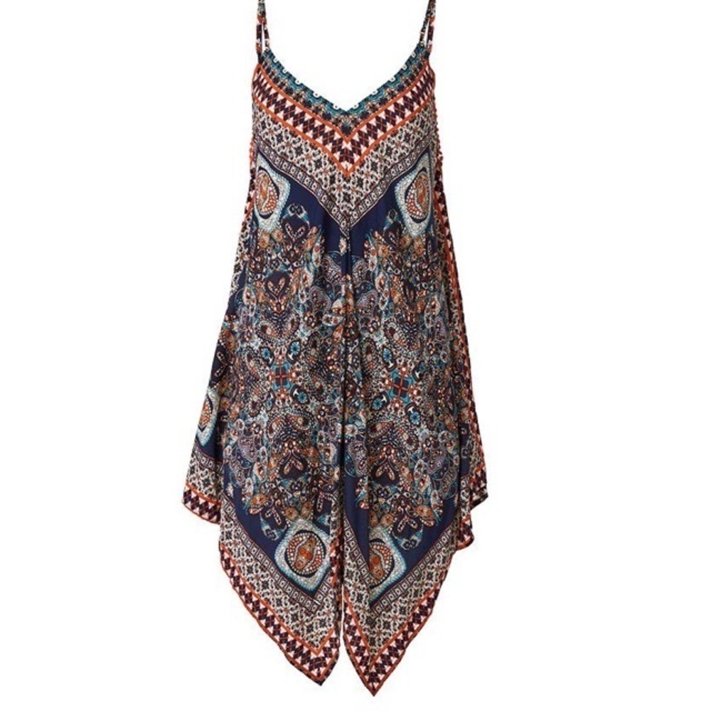 La Moda Clothing Navy and Orange Jagged Hem Boho Handkerchief Dress One Size